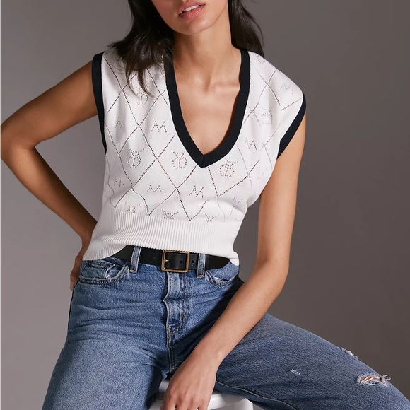Maeve Violette Icon Logo Vest White Cropped Knit White Black Trim Cherry Small - Picture 1 of 9